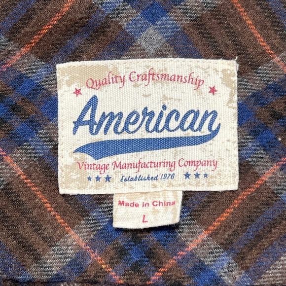 American Vintage Manufacturing Co Plaid Flannel Shirt Brown Blue L AVH21170LW - Picture 2 of 9